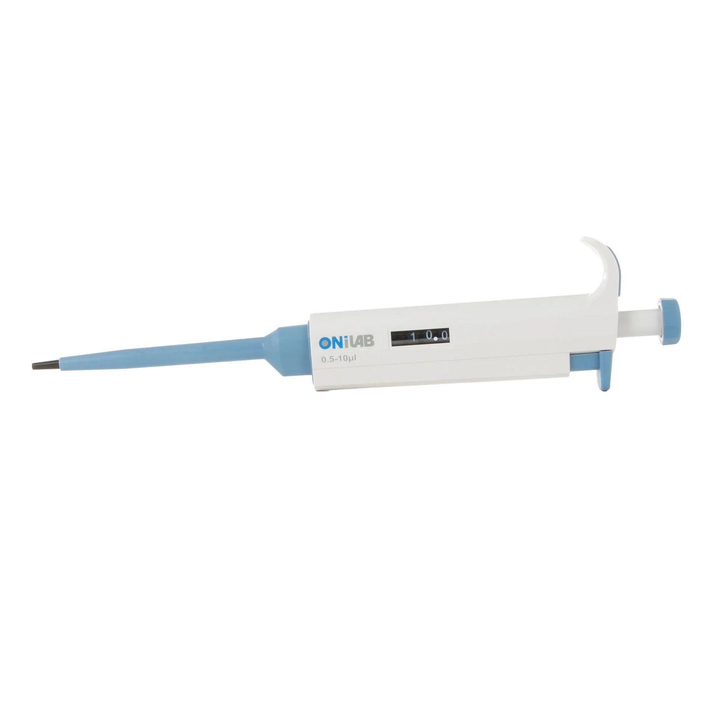 Pipette, .5-10ul,"White and blue adjustable pipette side view"