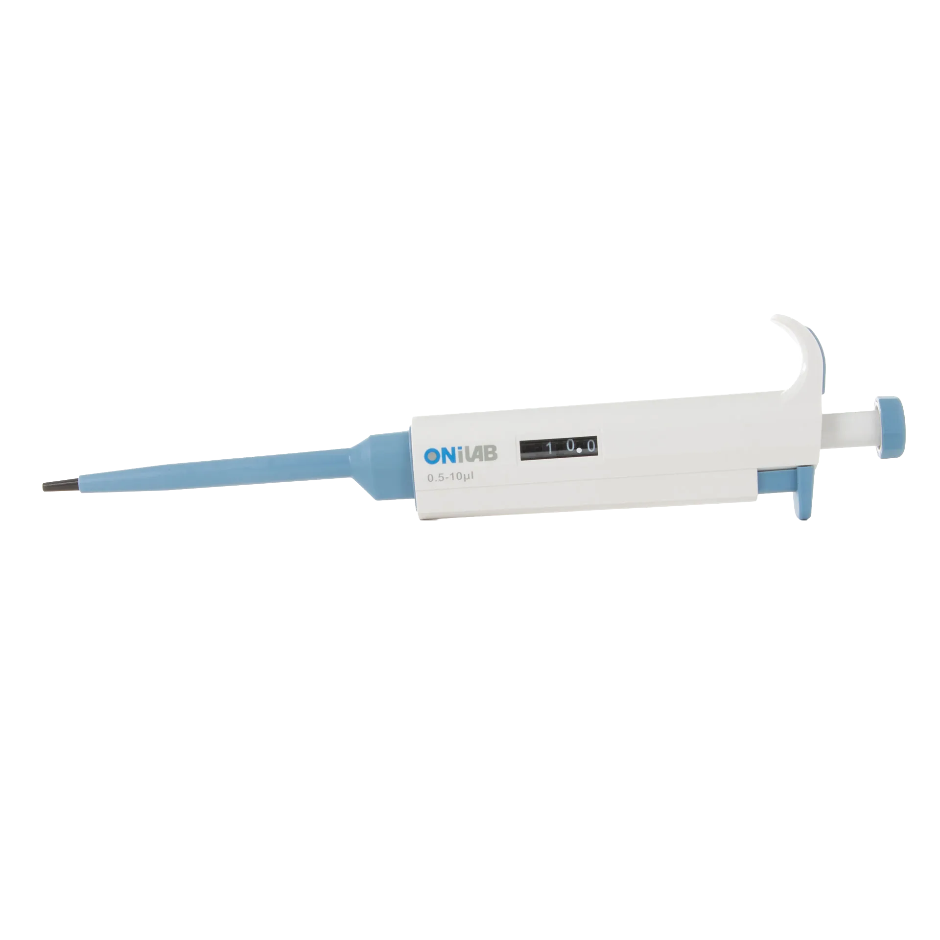 Pipette, .5-10ul,"White and blue adjustable pipette side view"