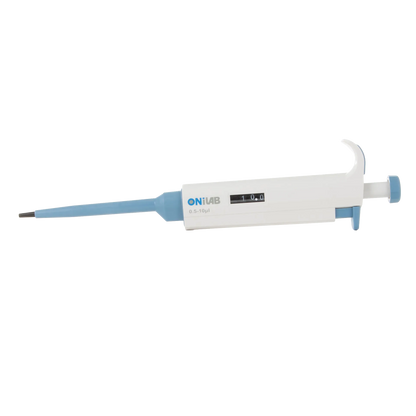 Pipette, .5-10ul,"White and blue adjustable pipette side view"
