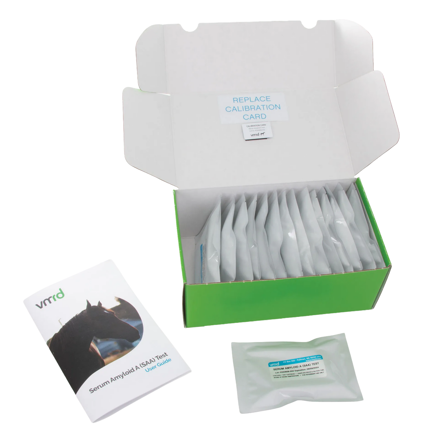 Serum Amyloid A Test (SAA Test Kit),"Open green kit box with foil pouches, calibration card, and user guide"