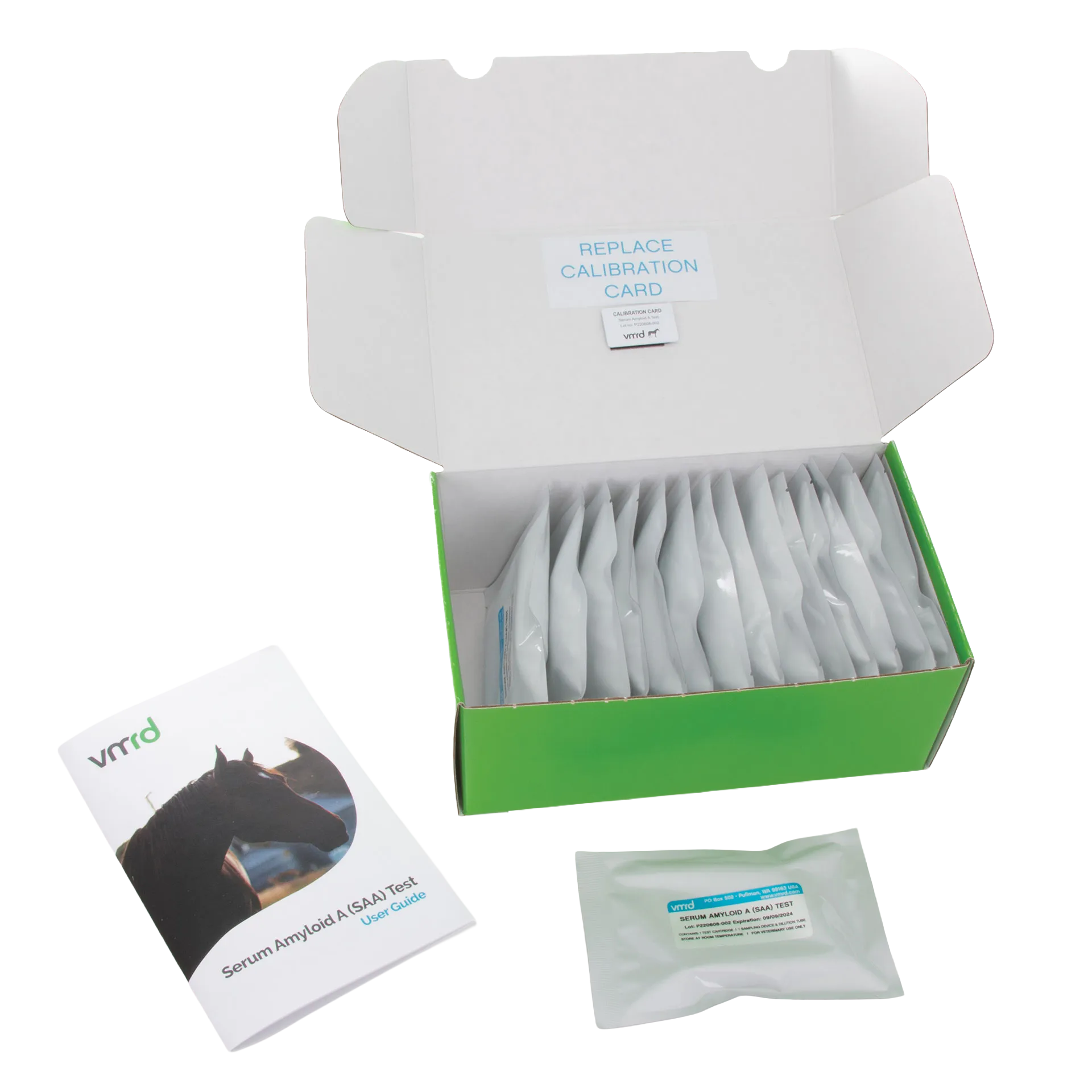 Serum Amyloid A Test (SAA Test Kit),"Open green kit box with foil pouches, calibration card, and user guide"