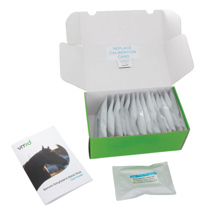 Serum Amyloid A Test (SAA Test Kit),"Open green kit box with foil pouches, calibration card, and user guide"