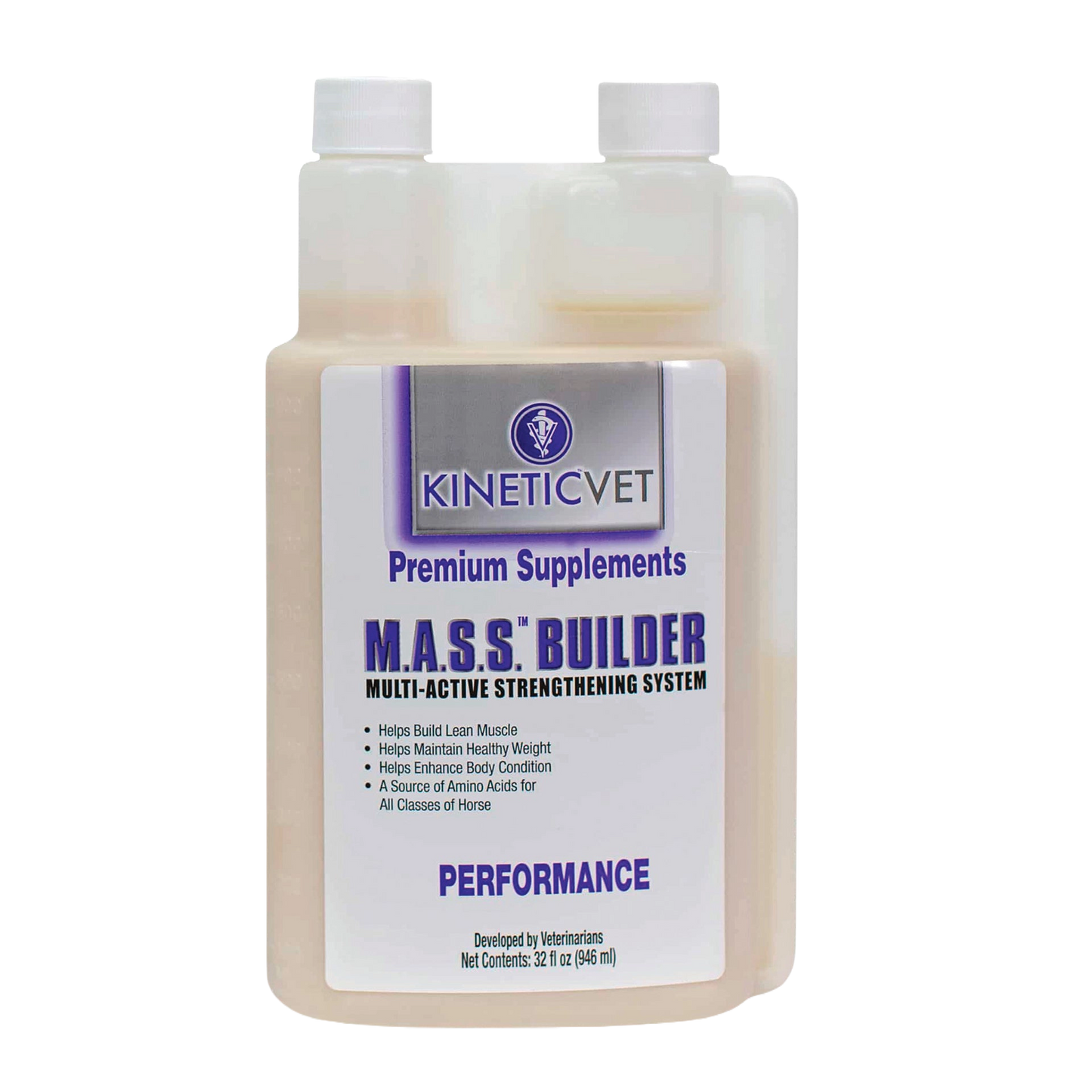 M.A.S.S.™ Builder Liquid,"Dual-neck liquid bottle with white caps and front label"