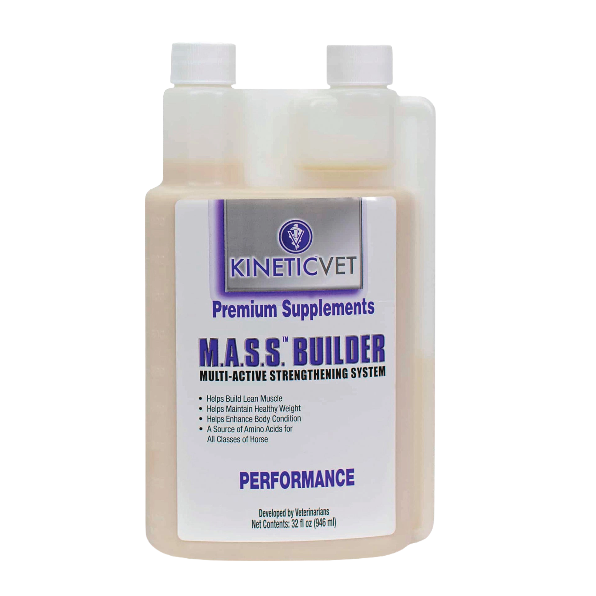 M.A.S.S.™ Builder Liquid,"Dual-neck liquid bottle with white caps and front label"