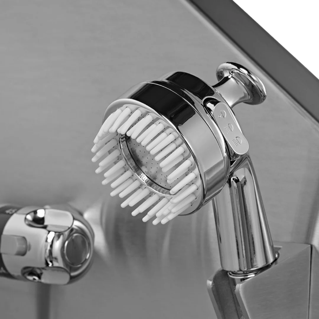 Dog Grooming Electric Tub with Sliding Door by Waggz,"Chrome handheld sprayer with white silicone brush head"