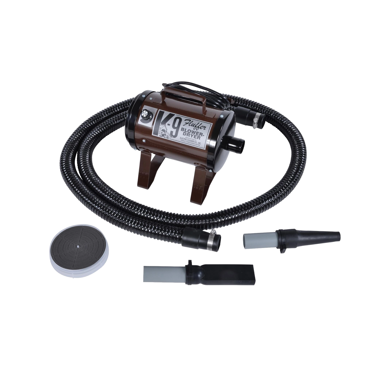 K-9 Fluffer Dog Dryer & Dog Fluffer,"Brown blower dryer with coiled hose and nozzle attachments"