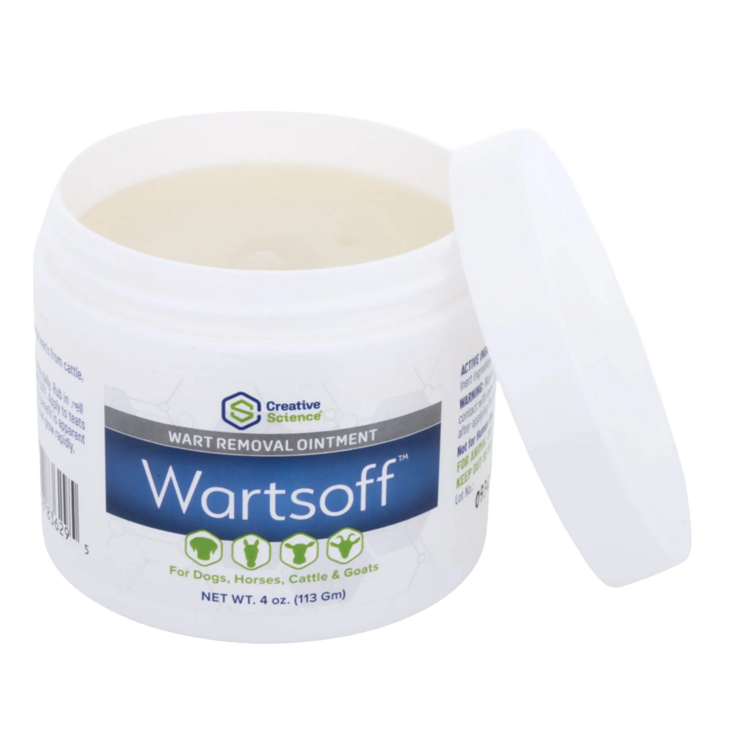 Wartsoff™,"Open ointment jar with lid beside container"