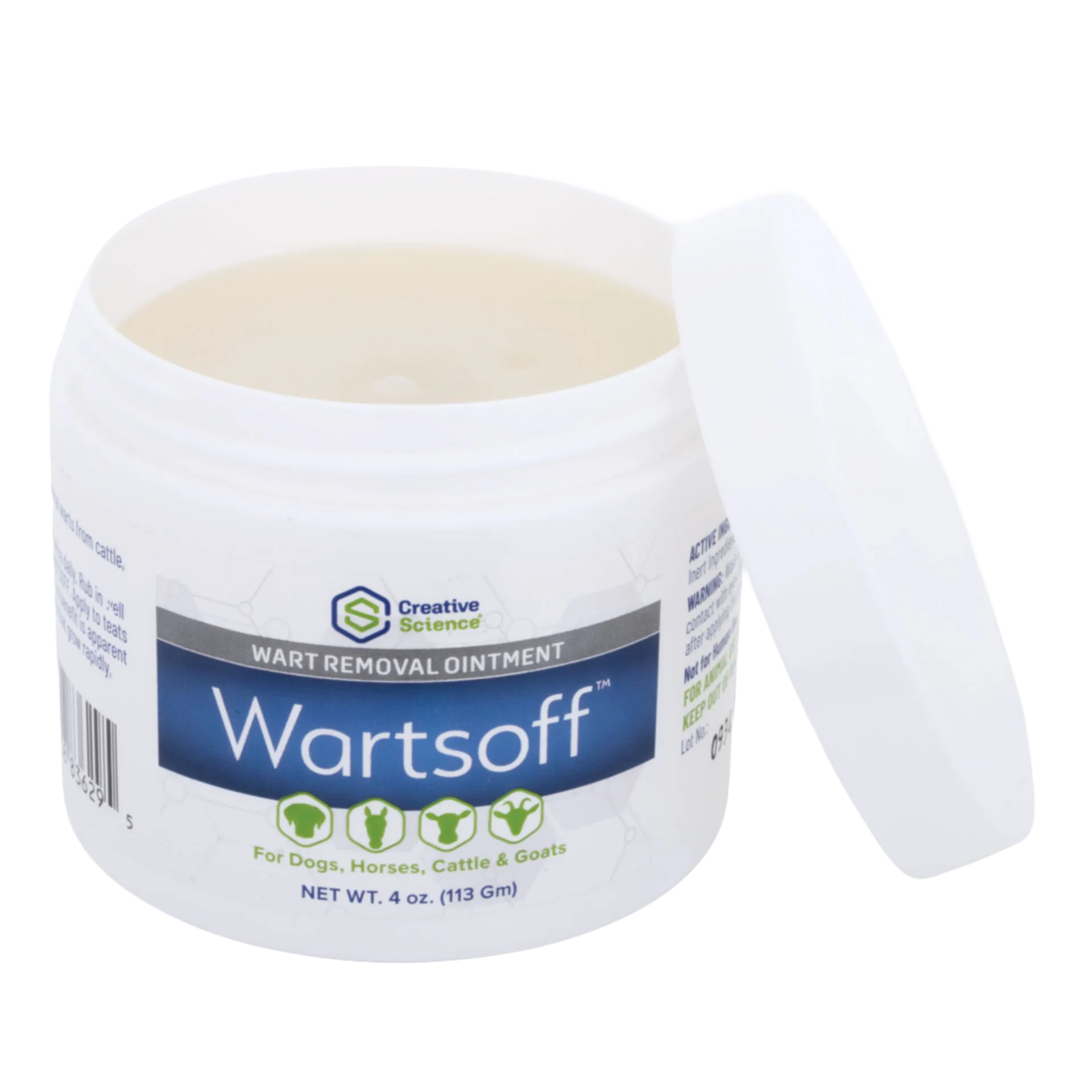 Wartsoff™,"Open ointment jar with lid beside container"