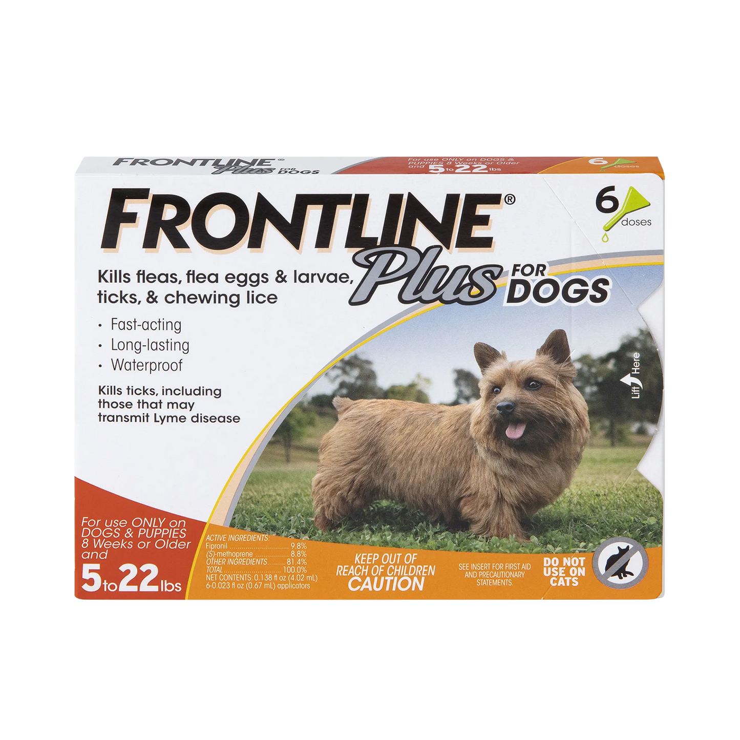 Frontline® Plus for Dogs,"Front view of six-dose dog treatment box with small brown dog"