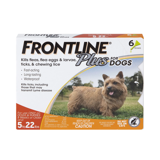 Frontline® Plus for Dogs,"Front view of six-dose dog treatment box with small brown dog"