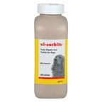 Vi-Sorbits®,"Brown bottle with white cap and yellow label with dog illustration"