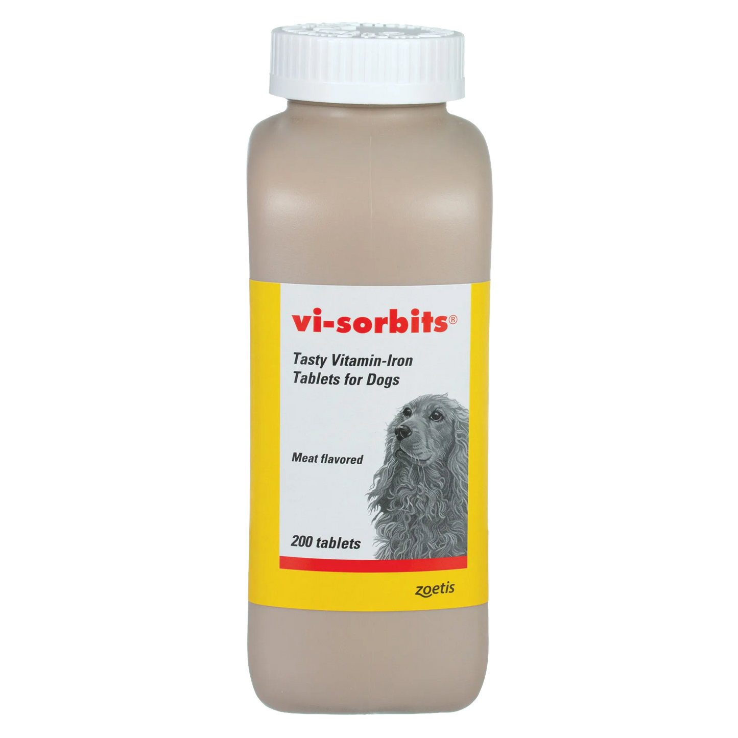 Vi-Sorbits®,"Brown bottle with white cap and yellow label with dog illustration"
