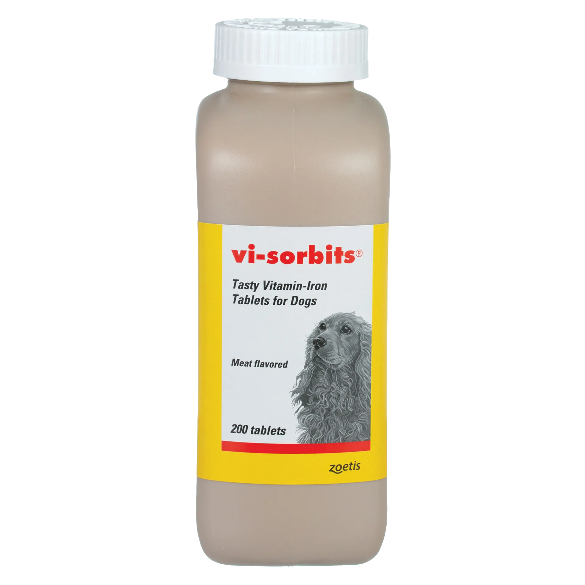 Vi-Sorbits®,"Brown bottle with white cap and yellow label with dog illustration"