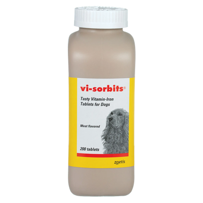 Vi-Sorbits®,"Brown bottle with white cap and yellow label with dog illustration"