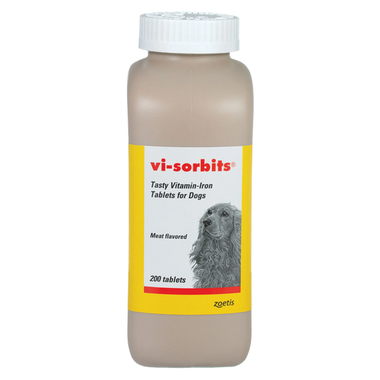 Vi-Sorbits®,"Brown bottle with white cap and yellow label with dog illustration"