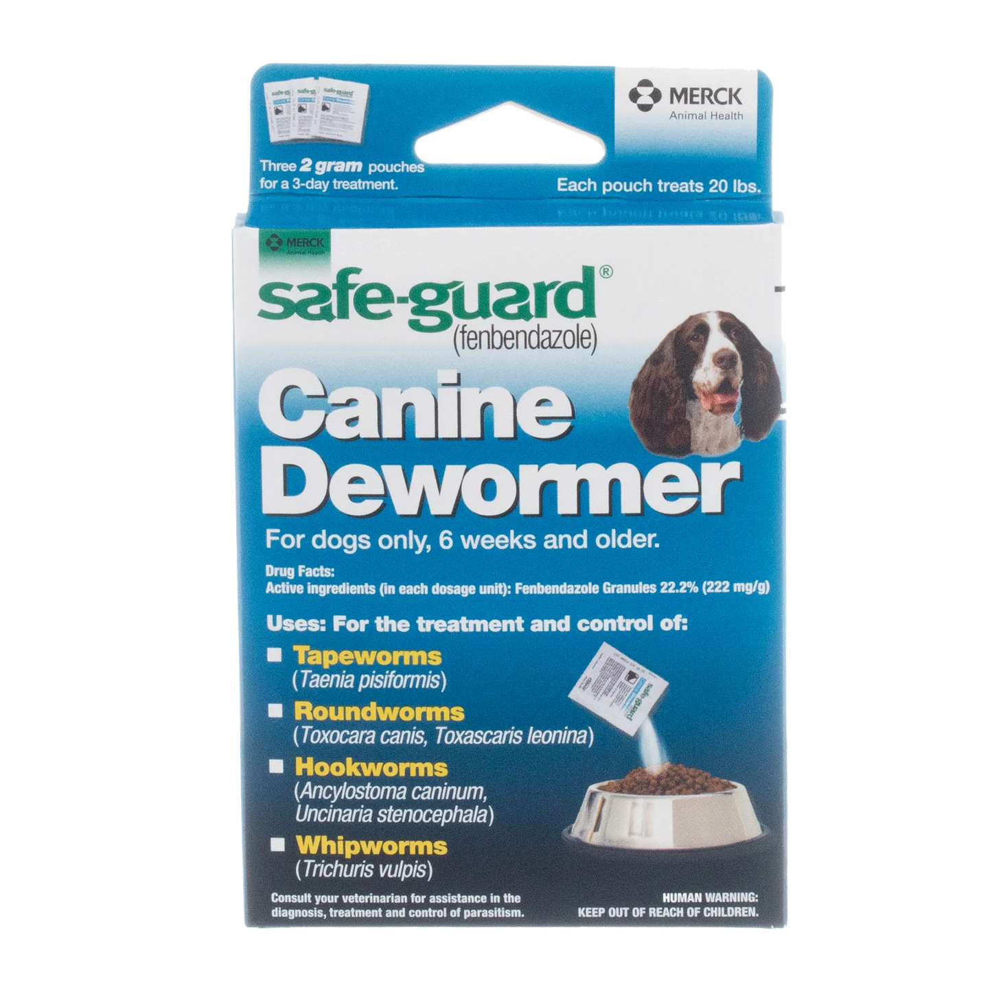 Safe-Guard® Canine Dewormer for Dogs,"Front of box with dog photo and pouring pouch illustration"