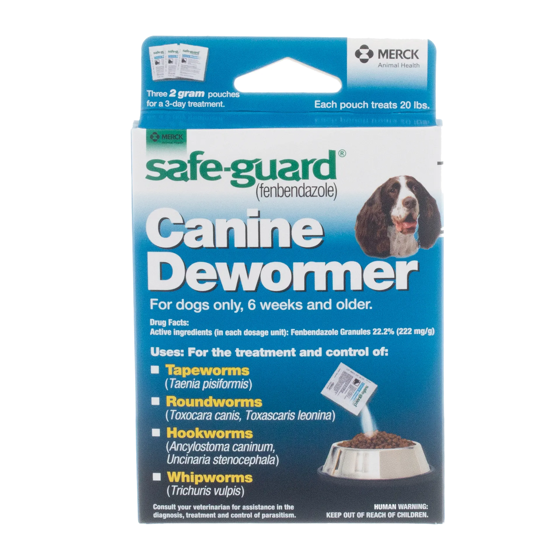 Safe-Guard® Canine Dewormer for Dogs,"Front of box with dog photo and pouring pouch illustration"