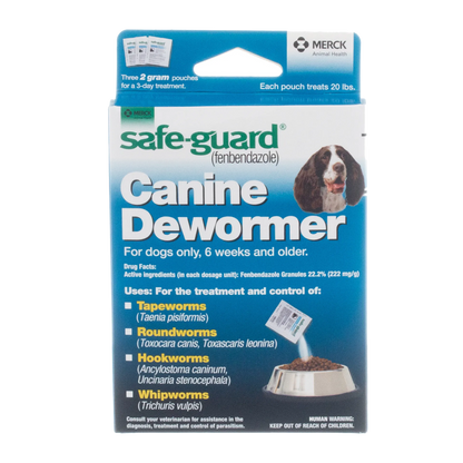 Safe-Guard® Canine Dewormer for Dogs,"Front of box with dog photo and pouring pouch illustration"