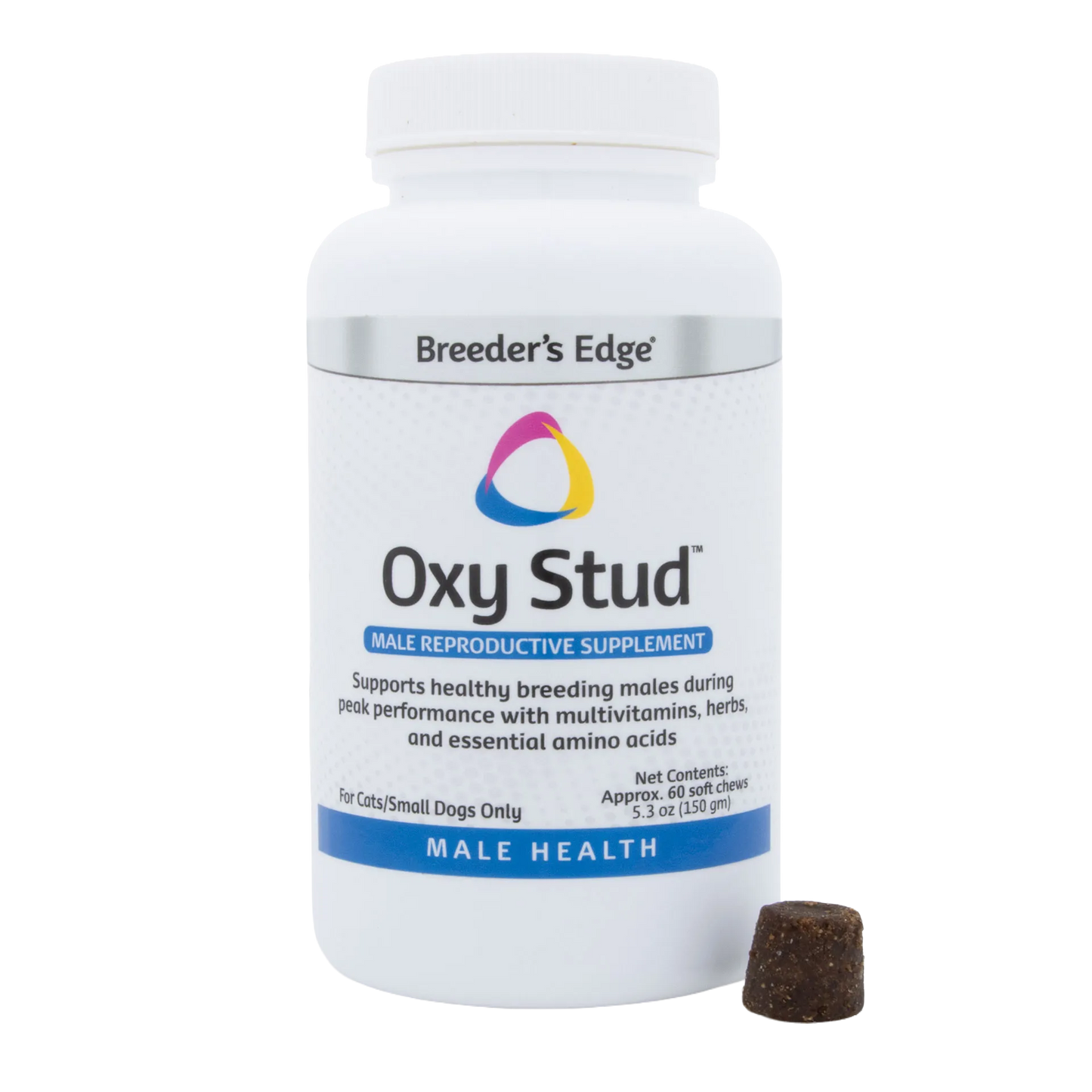 Breeder's Edge® Oxy Stud™,"White supplement bottle with label and single brown soft chew"