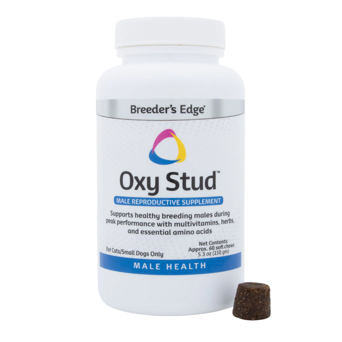 Breeder's Edge® Oxy Stud™,"White supplement bottle with label and single brown soft chew"