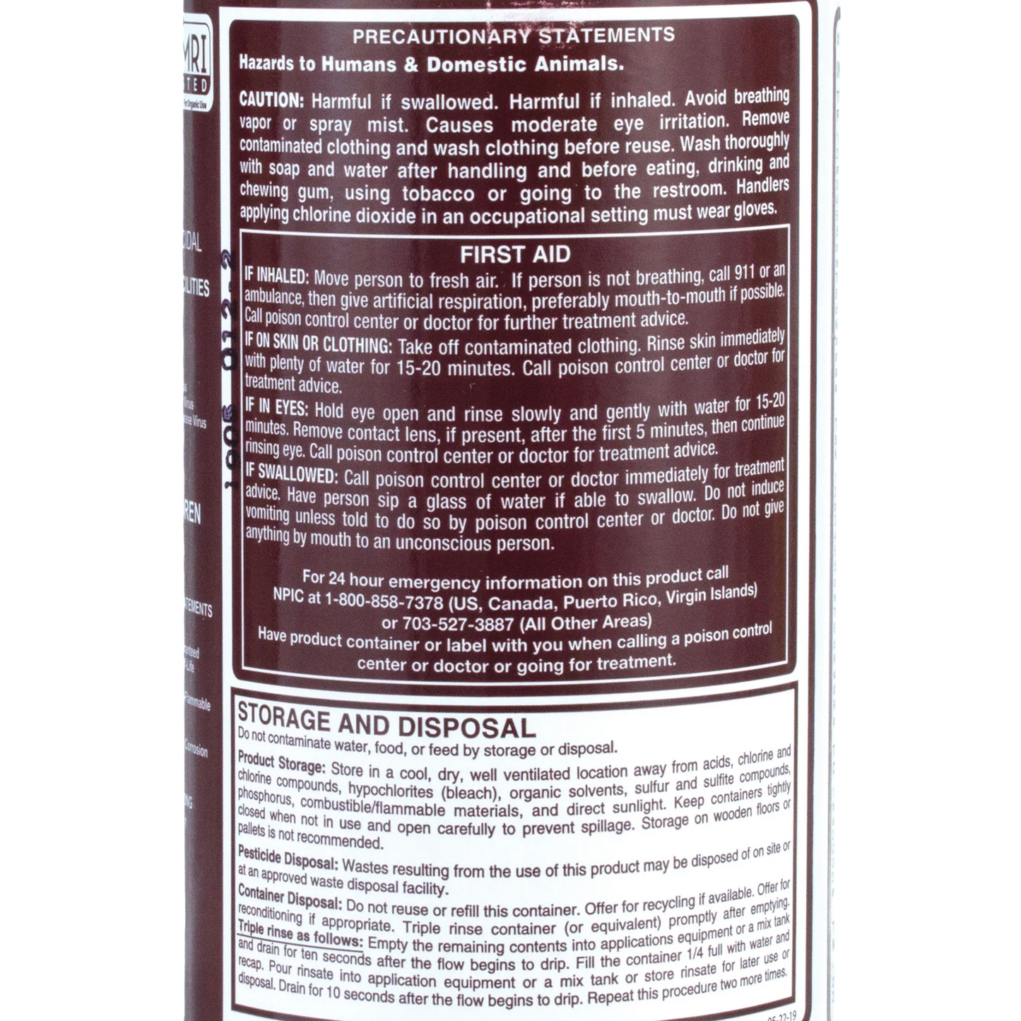 Oxine® Animal Health (AH),"Side view of product label with precaution and storage panels"