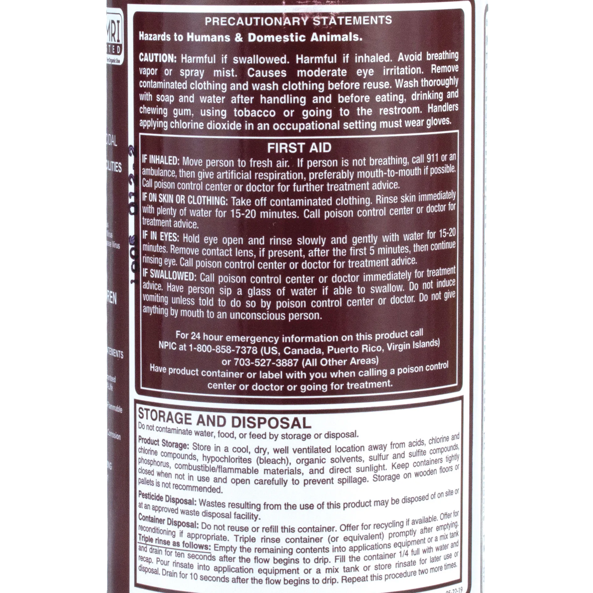 Oxine® Animal Health (AH),"Side view of product label with precaution and storage panels"