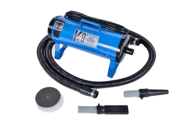 K-9 I Dog Dryer,"Blue dryer with hose, nozzle attachments, and filter"