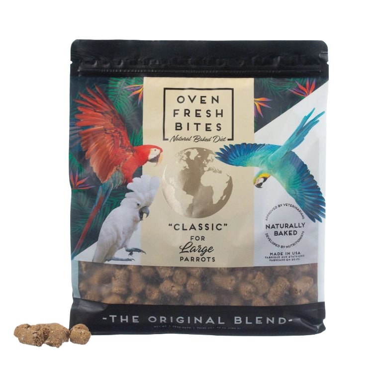 Caitec Oven Fresh Bites Bird Food,"Resealable bird food pouch with parrots and visible pellet pieces"