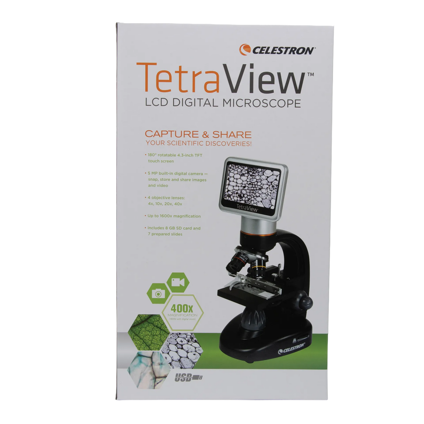 Celestron TetraView LCD Digital Microscope,"Product box with microscope and LCD screen on front"