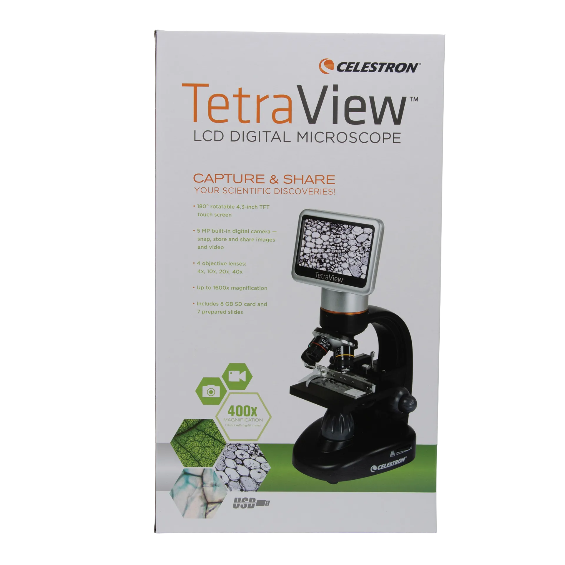 Celestron TetraView LCD Digital Microscope,"Product box with microscope and LCD screen on front"