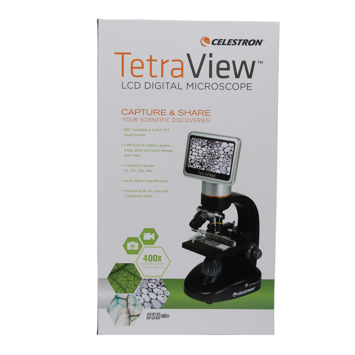 Celestron TetraView LCD Digital Microscope,"Product box with microscope and LCD screen on front"