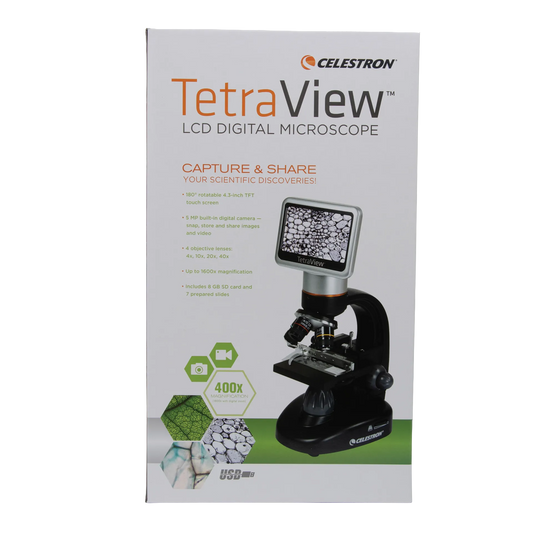 Celestron TetraView LCD Digital Microscope,"Product box with microscope and LCD screen on front"