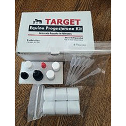 Equine Progesterone Test,"Test kit box with pipettes, reagent bottles, and pad tray"