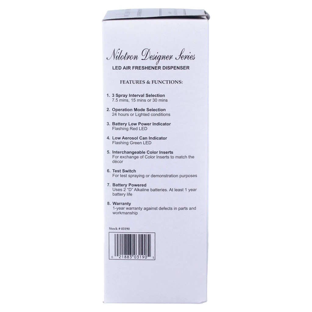 Nilodor Nilotron™ Designer Aerosols,"Side view of product box with features list and barcode"