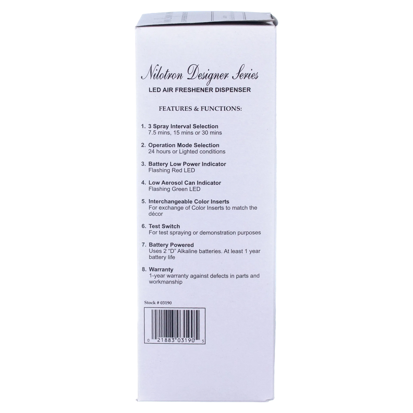 Nilodor Nilotron™ Designer Aerosols,"Side view of product box with features list and barcode"
