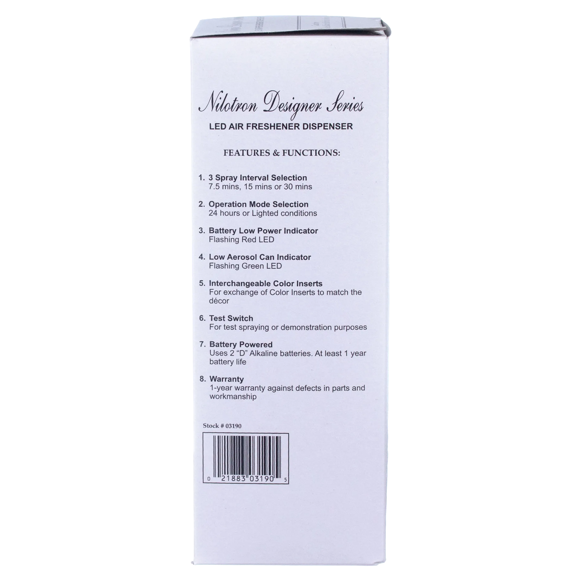Nilodor Nilotron™ Designer Aerosols,"Side view of product box with features list and barcode"