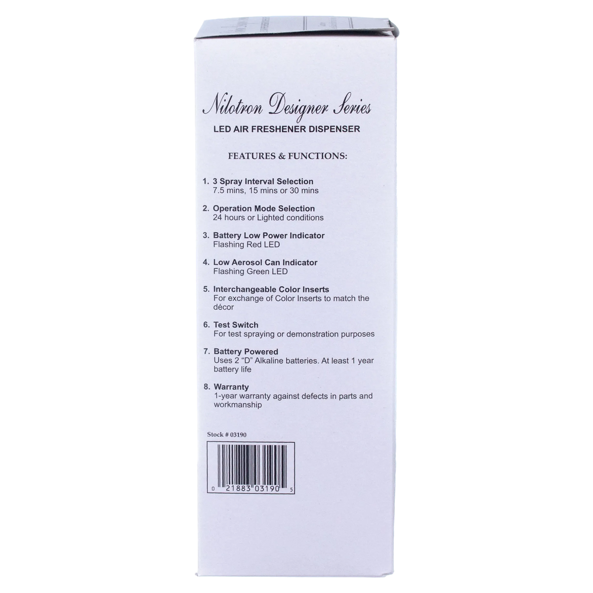 Nilodor Nilotron™ Designer Aerosols,"Side view of product box with features list and barcode"
