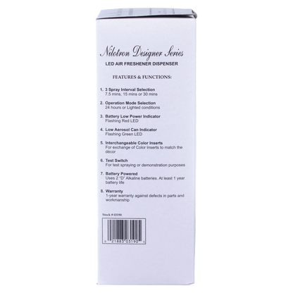 Nilodor Nilotron™ Designer Aerosols,"Side view of product box with features list and barcode"