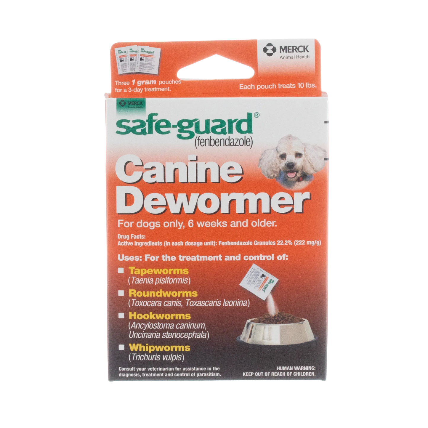 Safe-Guard® Canine Dewormer for Dogs,"Front of product box with dog photo and feeding bowl graphic"