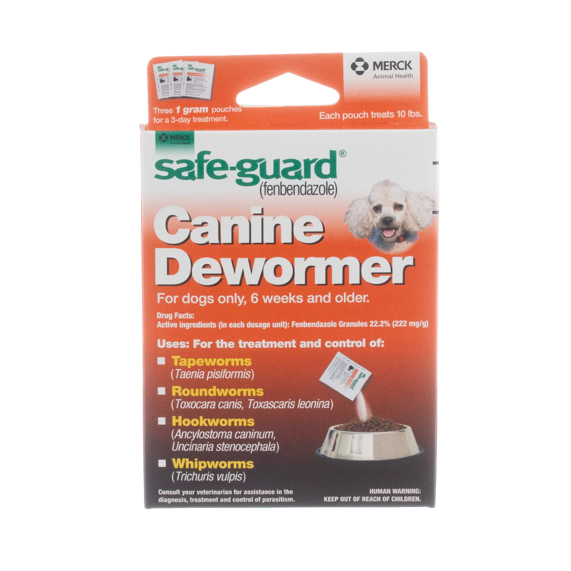 Safe-Guard® Canine Dewormer for Dogs,"Front of product box with dog photo and feeding bowl graphic"