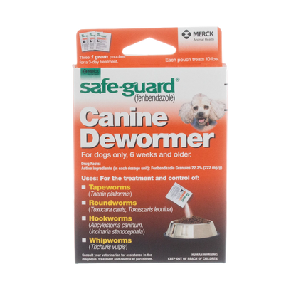 Safe-Guard® Canine Dewormer for Dogs,"Front of product box with dog photo and feeding bowl graphic"