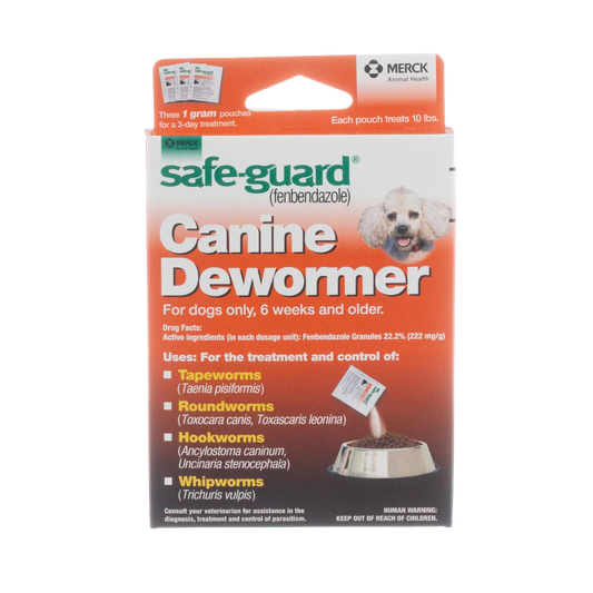 Safe-Guard® Canine Dewormer for Dogs,"Front of product box with dog photo and feeding bowl graphic"