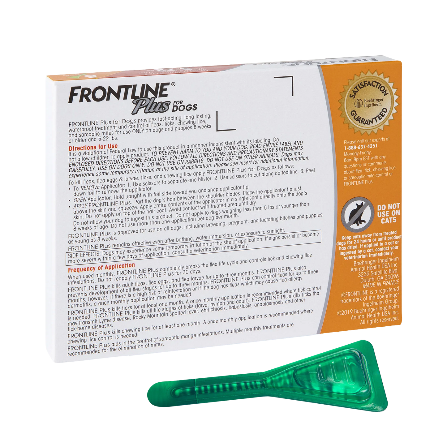 Frontline® Plus for Dogs,"Back of box with green applicator tube"
