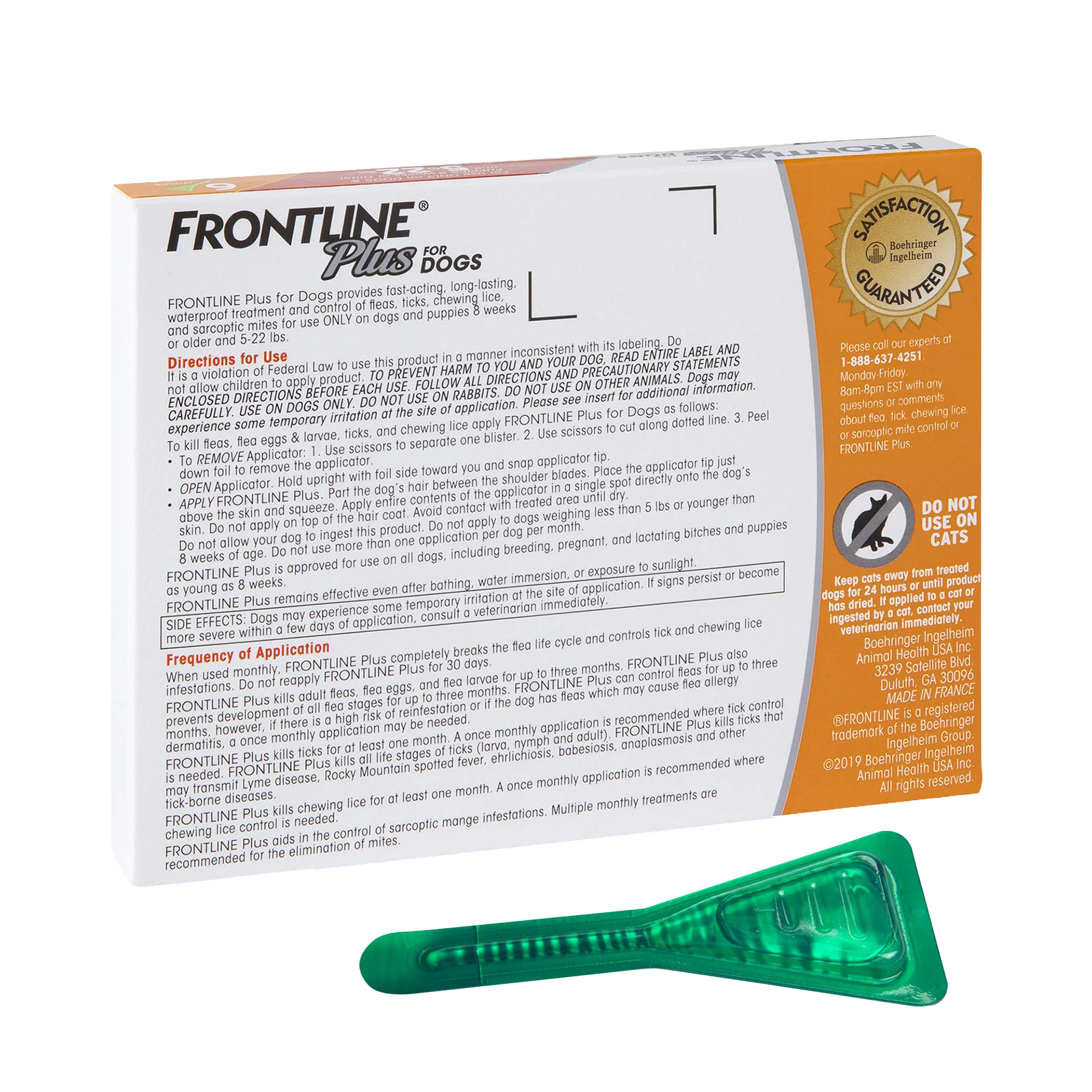 Frontline® Plus for Dogs,"Back of box with green applicator tube"