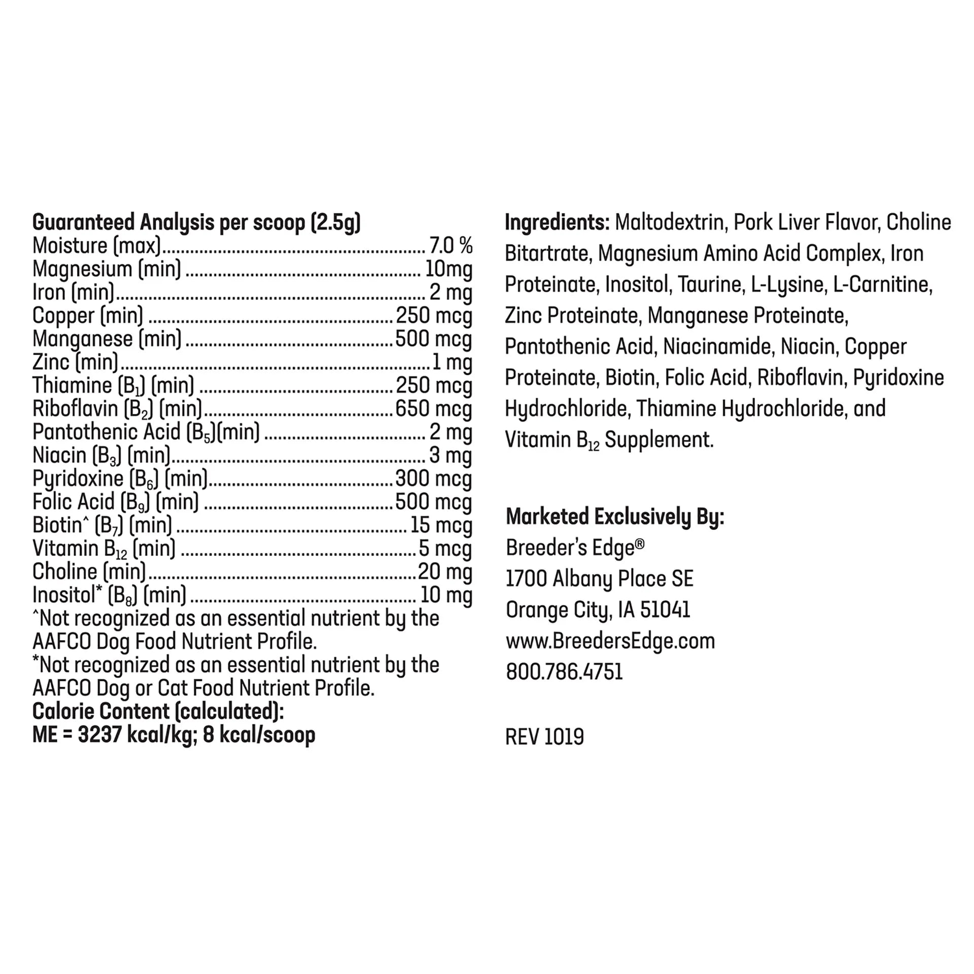 Breeder's Edge® B Strong™,"Back label of supplement bottle with facts and ingredients panel"