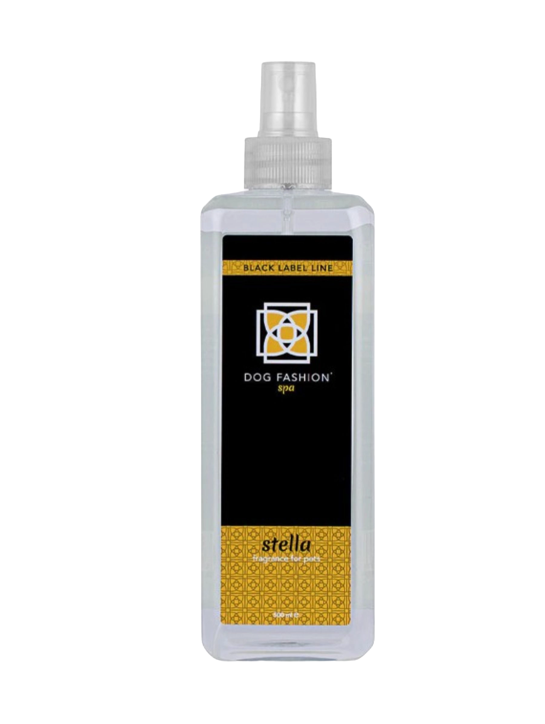 Stella Fragrance,"Clear rectangular spray bottle with black and gold label"