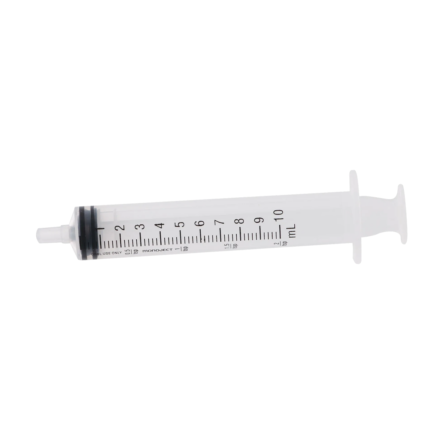 MonoJect™ 10cc Oral Syringe,"Clear oral syringe with black plunger seal"
