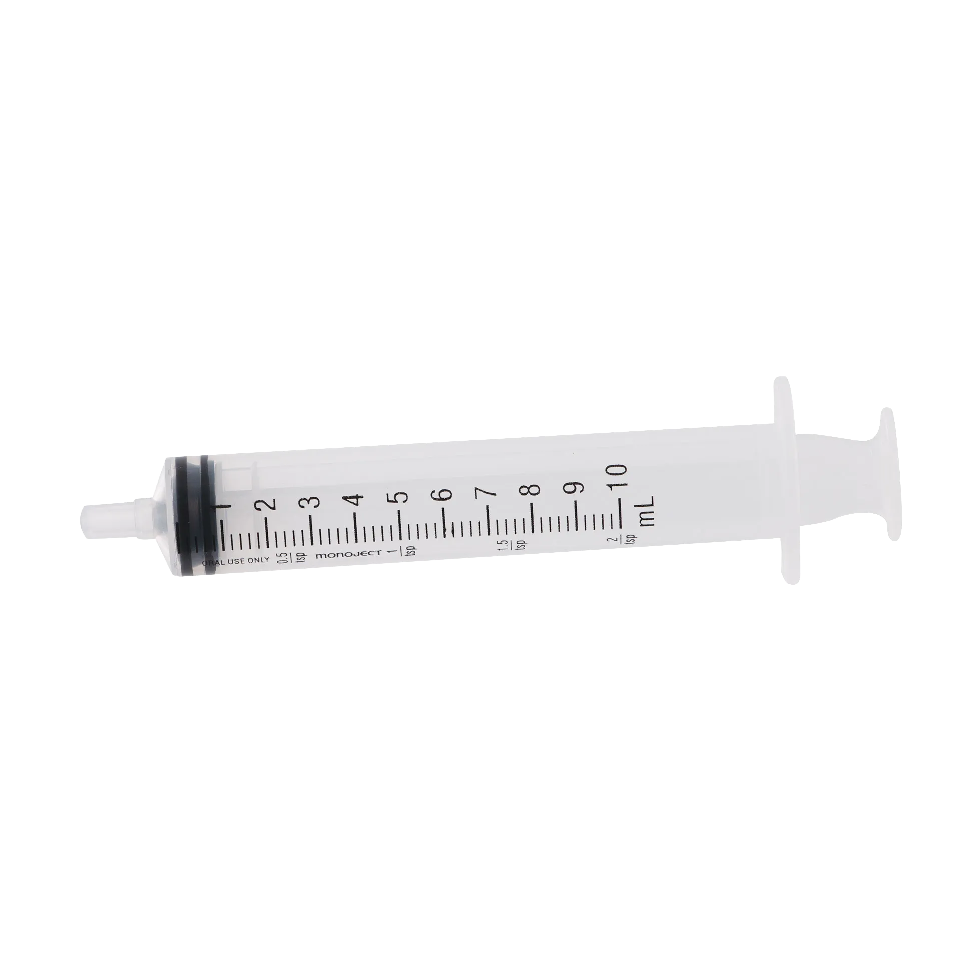 MonoJect™ 10cc Oral Syringe,"Clear oral syringe with black plunger seal"