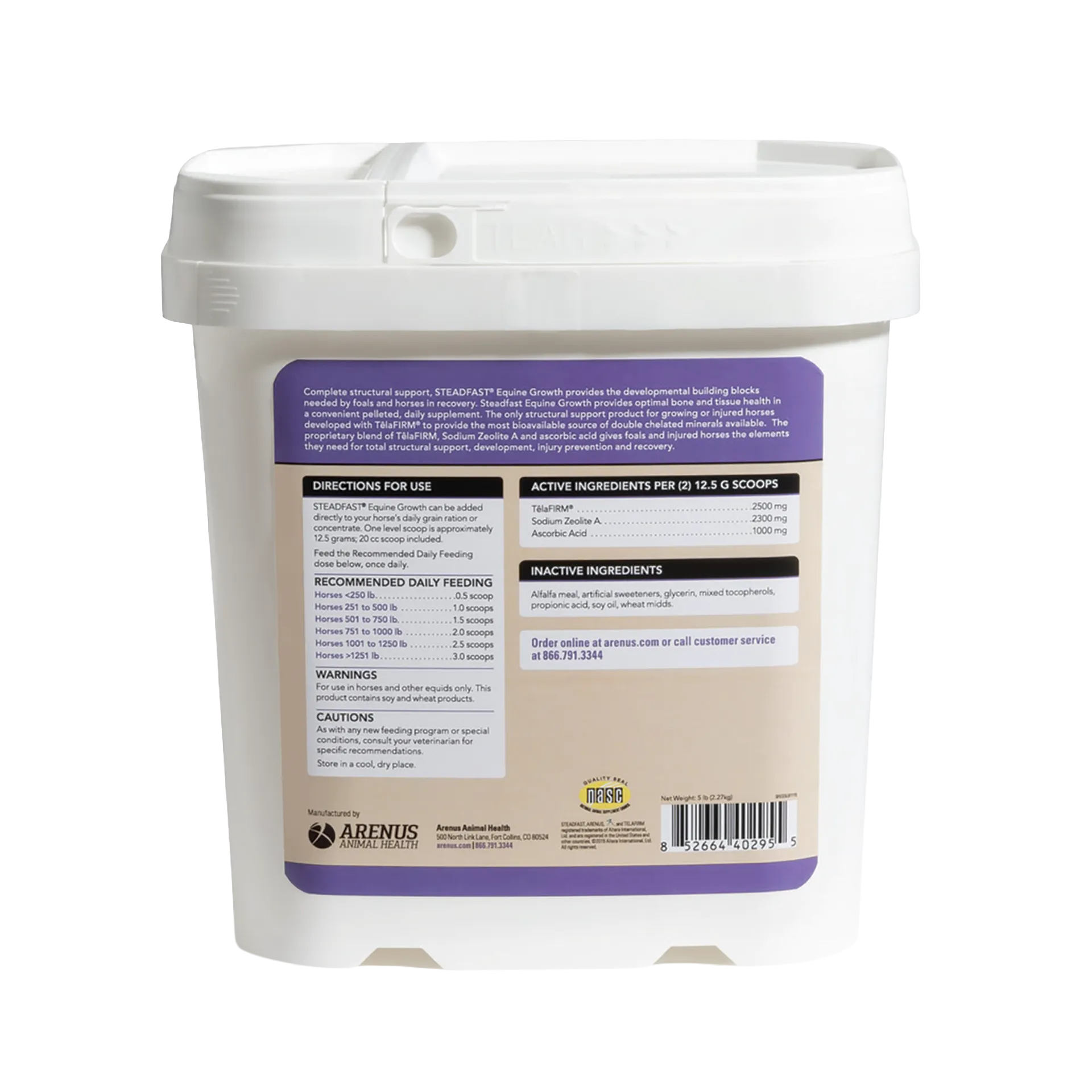 Steadfast® Equine Growth,"White plastic tub with lid, back label view"