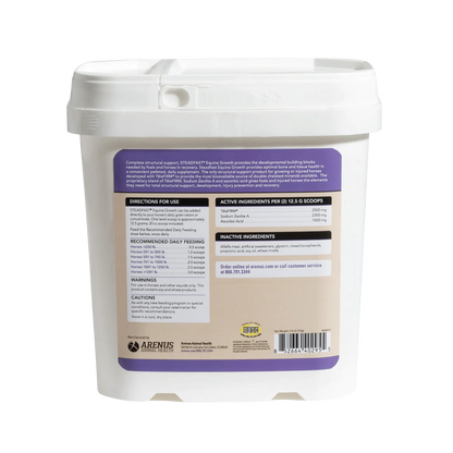 Steadfast® Equine Growth,"White plastic tub with lid, back label view"
